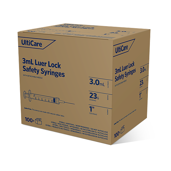 UltiCare Safety Syringes 3 mL 25.4mm (1") X 23G – Locking Safety Shield, Micro-Polished Needle