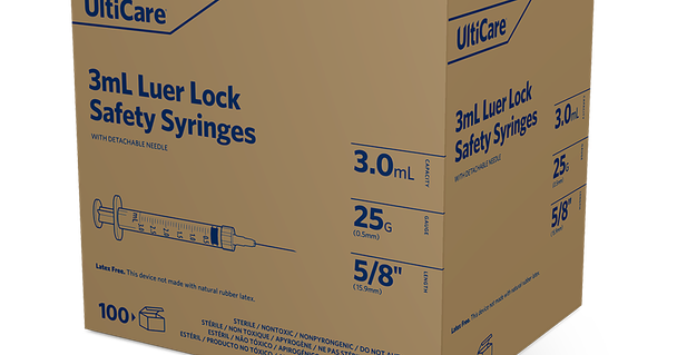 UltiCare 3 mL Safety Syringes with Luer Lock – 15.9mm (5/8 In) X 25G, Detachable Needle