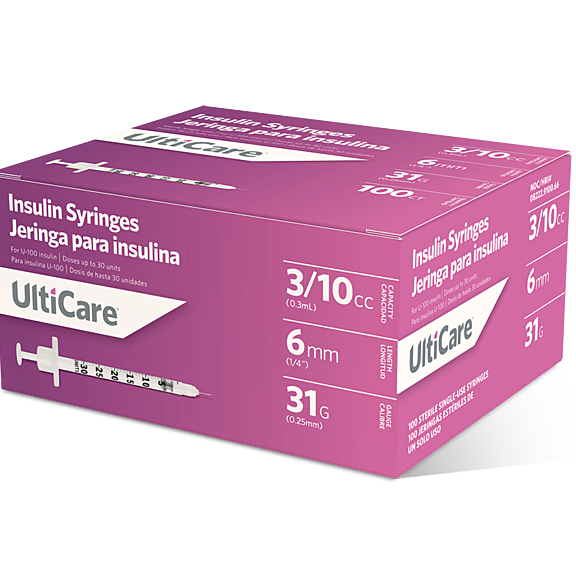 UltiCare U-100 Insulin Syringes 3/10 mL/cc 6mm X 31G – Micro Polished Needle, Silicone Lubrication