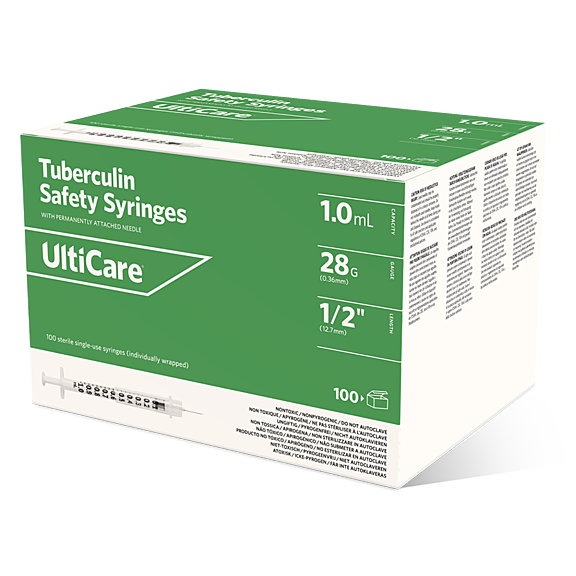 UltiCare Tuberculin Safety Syringes 1 mL – 28G Permanently Attached Needle, 12.7mm Length