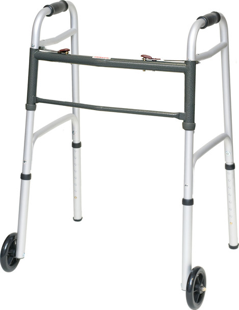ProBasics Aluminum Two-Button Release Folding Walker With Wheels – Lightweight Frame, 300 lb Capacity