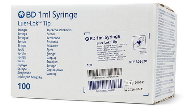 BD Luer-Lok Syringe – 1 mL Fill Volume, Sterile Single-Use, Luer-Lok Tip, 100/box, Disposable, General Use