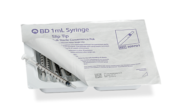 BD 1 mL Luer Slip Tip Syringe Pharmacy Convenience Pak – Sterile, Single-Use, 300/Case, Disposable, General