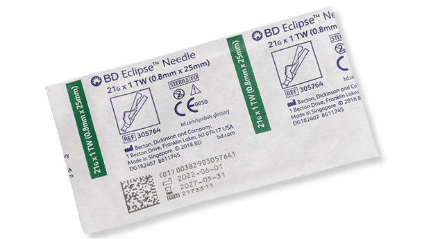 BD Eclipse Needle 21 G x 1 in – Hinged Safety Technology, Thin Wall, Green Hub, 100/box, Single-Use Disposable