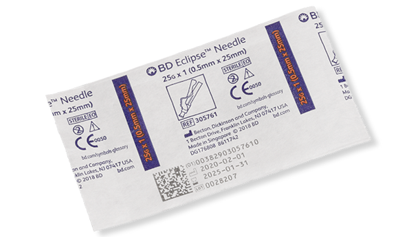 BD Eclipse Needle 25 G x 1 in – Hinged Safety Technology, Thin Wall Hypodermic Design, 100/box, Orange Hub