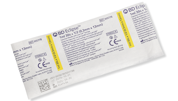 BD Eclipse Needle 30 g X 1/2 in. with Detachable 1 mL Luer-Lok Syringe – Hinged Safety Feature, 50/box