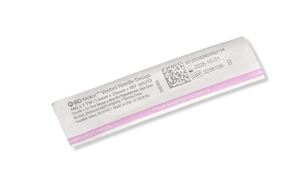 BD Nokor Vented Needle 16 g x 1 in – Thin Wall, Sterile, Disposable, Clear Hub, Single-Use, Shelfpack 100