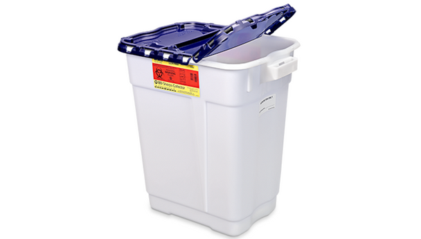 BD Pharmaceutical Sharps Container – 9 Gal Capacity, Hinge Top with Gasket, Polypropylene Construction, White