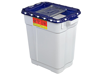 BD Pharmaceutical Sharps Container – 9 Gal Capacity, Hinge Top with Gasket, Polypropylene Construction, White