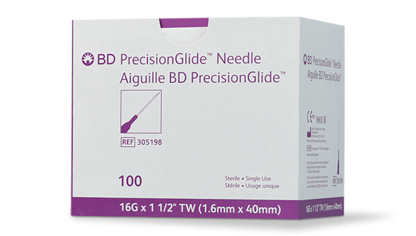 BD Precisionglide Needle – 16 g, 1-1/2 in Length, Lavender Hub, Thin Wall, Regular Bevel, Sterile, Single Use