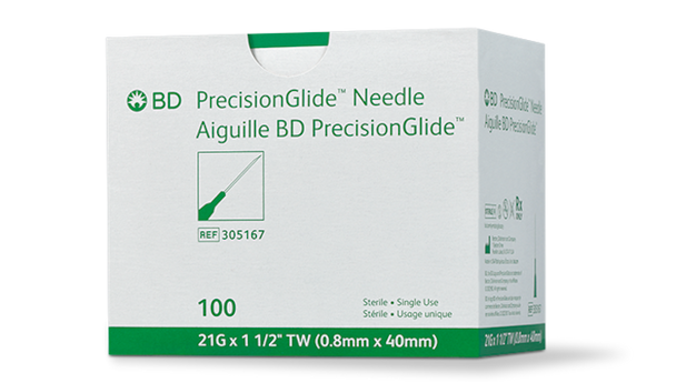 BD Precisionglide Needle – 21 g X 1-1/2 in., Thin Wall, Sterile, Disposable, Green Hub, 100/box, 1, 000/case