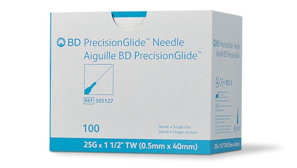 BD Precisionglide Needle – 25 g X 1-1/2 in, Thin Wall, Sterile, Disposable, Blue Hub, 100/box, 1, 000/case