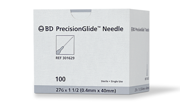 BD Precisionglide Needle – 27 g X 1-1/2 in, Sterile, Single-Use, Regular Bevel, 100/box, 1, 000/case