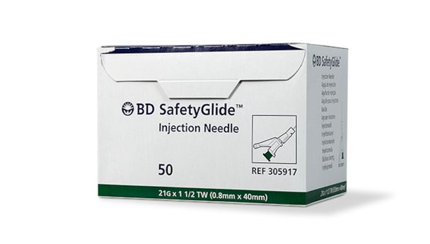 BD Safetyglide Needle – 21 g X 1/2 in, Luer-Lok Hub, Safety Engineered, Green Hub, 50/box, 500/case