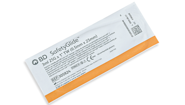 BD Safetyglide Needle 25 g X 1 in. with 3 mL Syringe – Shielding Mechanism, Single-Use Disposable, 50/box
