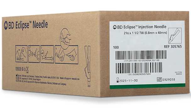 BD Eclipse Needle 21 G x 1-1/2 in – Hinged Safety Technology, Thin Wall, Green Hub, 100/box, Single-Use