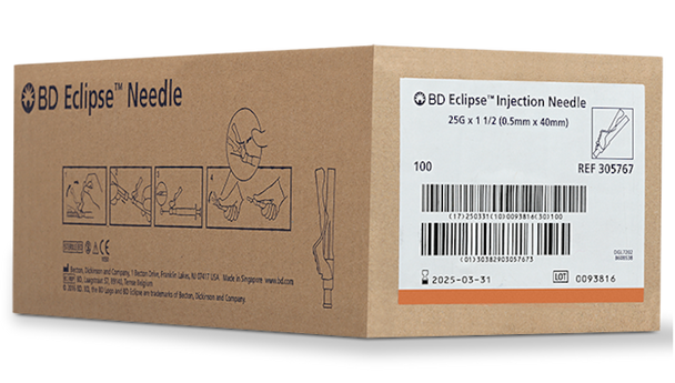 BD Eclipse Needle 25 G x 1 1/2 in – Safety Engineered, Single-Use, Luer-Lok Hub, Orange, Shelfpack 100