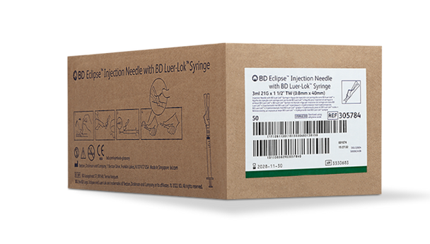 BD Eclipse Needle 21 g X 1-1/2 in. with Detachable 3 mL Luer-Lok Syringe – Hinged Safety, Thin Wall, 50/box
