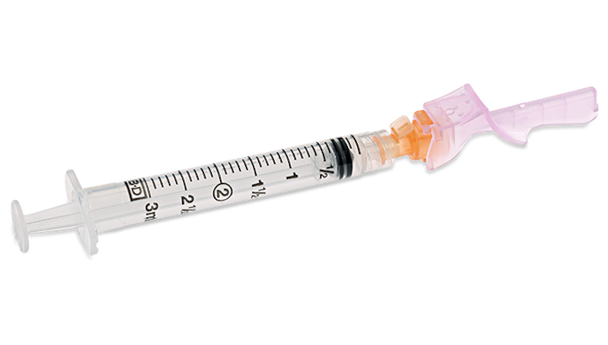 BD Eclipse Needle 25 g X 5/8 in. with Detachable 3 mL Luer-Lok Syringe – Hinged Safety, Thin Wall, 50/box