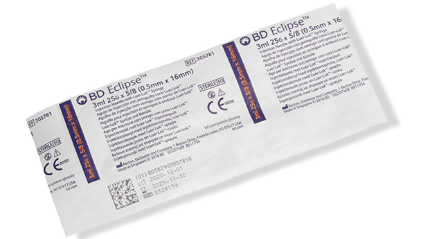 BD Eclipse Needle 25 g X 5/8 in. with Detachable 3 mL Luer-Lok Syringe – Hinged Safety, Thin Wall, 50/box