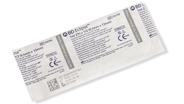 BD Eclipse Needle 27 g X 1/2 in. with Detachable 1 mL Luer-Lok Syringe – Hinged Safety Feature