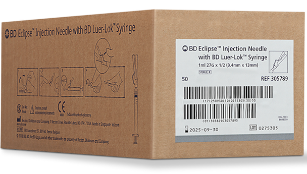 BD Eclipse Needle 27 g X 1/2 in. with Detachable 1 mL Luer-Lok Syringe – Hinged Safety Feature
