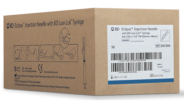 BD Eclipse Needle 23 g X 1/2 in. with Detachable 3 mL Luer-Lok Syringe – Hinged Safety Technology