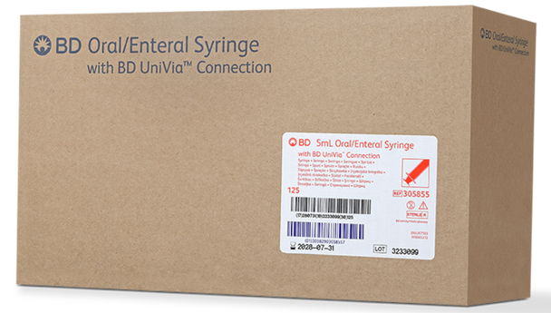 BD Univia Enteral Syringe – 5 mL Slip Tip, Disposable Single-Use, 100/Box, Measures and Administers Oral