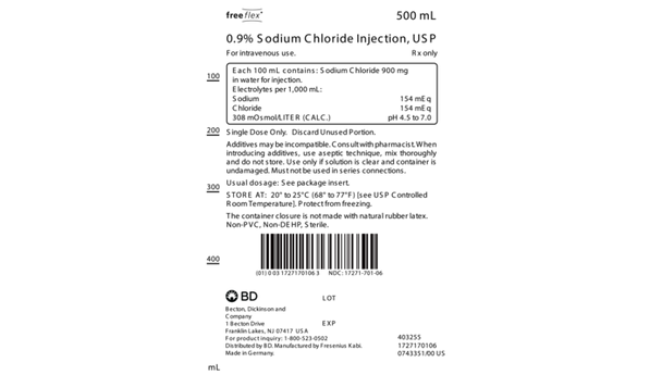 BD 0.9% Sodium Chloride Injection, USP 500ml – Non-PVC Freeflex Bag, DEHP-Free, 20/Case, 24.25 lb Case