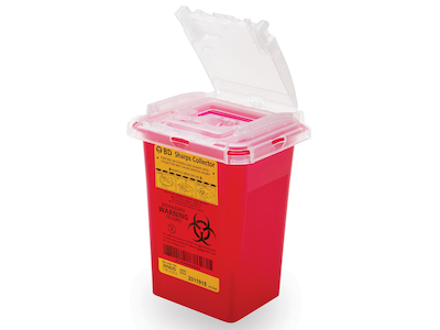 BD Phlebotomy Sharps Container – 1.5 Qt Capacity, Hinge Cap with Needle Ports, Red, Polypropylene Construction