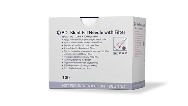 BD Blunt 5 Micron Filter Needle – 18 g x 1-1/2 in, Blunt Filter Tip, 100/box, Sterile, Single Use