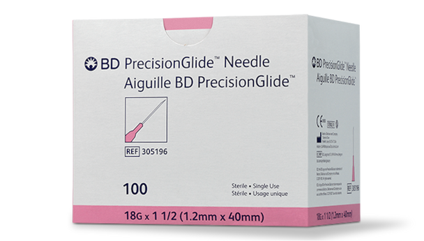 BD Precisionglide Needle – 18 g x 1-1/2 in Thin Wall, Pink Hub, 100/box, Sterile, Single Use, Hypodermic