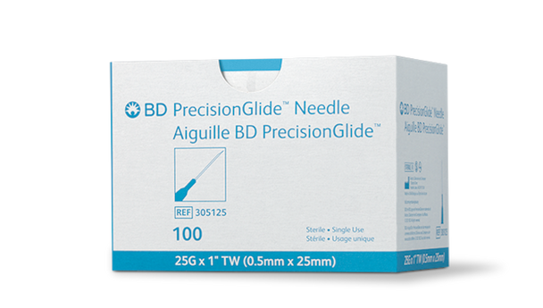 BD Precisionglide Needle – 25 G x 1 in., Thin Wall, Sterile, Single-Use, Blue Hub, 100/box, 1,000/case