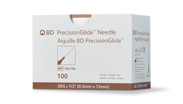 BD Precisionglide Needle – 30 g, 1/2 in. Length, Regular Bevel, Tan Hub, 100/box, 1000/case