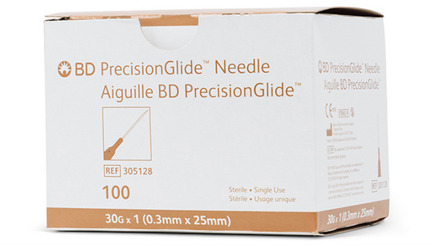 BD Precisionglide Needle – 30 g, 1 in. Length, Regular Bevel, Tan Hub, 100/box, 1, 000/case