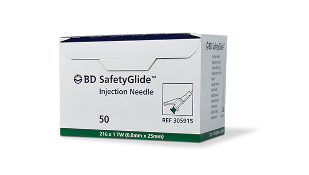 BD Safetyglide Shielding Hypodermic Needle – 21 g x 1 in., Thin Wall, Shielding Mechanism, Sterile, Single Use