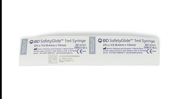 BD Safetyglide Tuberculin Syringe with 27G X 1/2 in. Needle – 1 mL, Permanently Attached, Regular Bevel