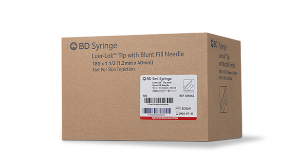 BD 5 mL Luer-Lok Syringe with Attached Blunt Fill Needle – 18 g X 1-1/2 in, 100/box Packaging