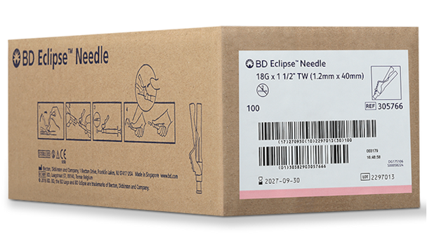 BD Eclipse Needle 18 g X 1-1/2 in – Hinged Safety Technology, Thin Wall, 100/box, 1200/case
