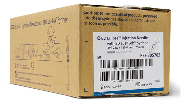 BD Eclipse Needle 23 g X 1 in. with Detachable 3 mL Luer-Lok Syringe – Hinged Safety, Thin Wall
