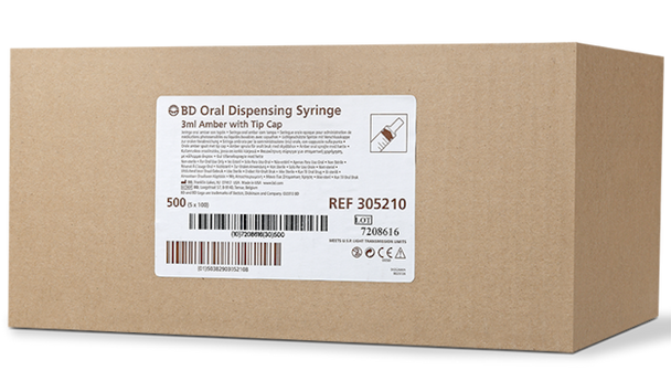 BD Amber Oral Syringe – 3 mL Capacity, Slip Tip, Disposable, Single-Use, 100 Shelfpack, 12.123 × 7.123 ×