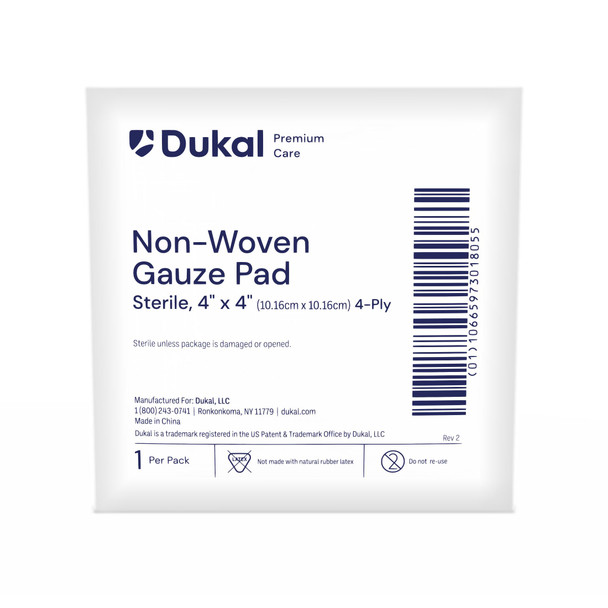 Dukal Sterile Non-Woven Gauze Pads – 4-Ply, 4 x 4 in, Highly Absorbent, 25/BX, 24 BX/CS, 6.2 lb Case