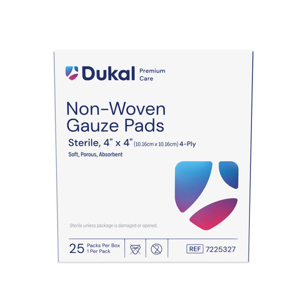 Dukal Sterile Non-Woven Gauze Pads – 4-Ply, 4 x 4 in, Highly Absorbent, 25/BX, 24 BX/CS, 6.2 lb Case