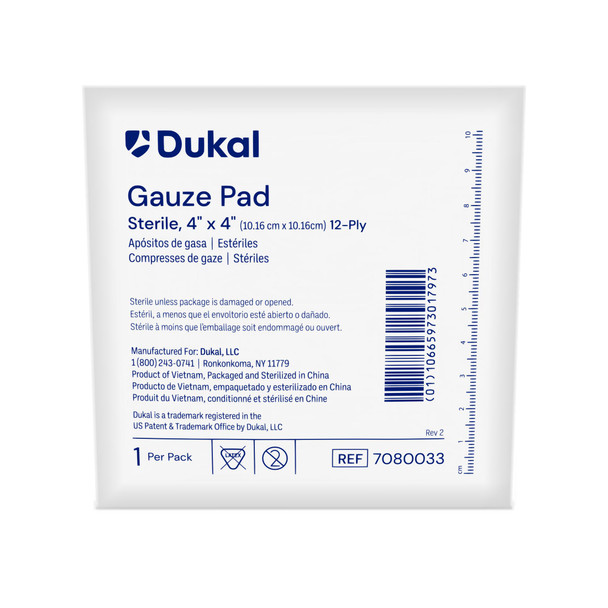 Dukal Sterile Gauze Pads – 4 x 4 in, 12-Ply, Highly Absorbent, 100/BX, 12 BX/CS, 11.1 lb Case