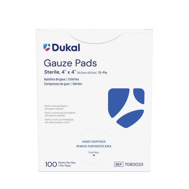 Dukal Sterile Gauze Pads – 4 x 4 in, 12-Ply, Highly Absorbent, 100/BX, 12 BX/CS, 11.1 lb Case