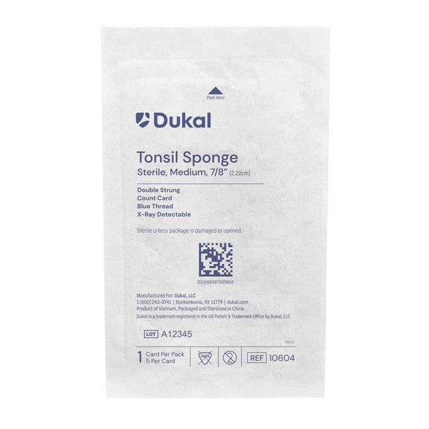 Dukal Tonsil Sponges – Sterile, X-Ray Detectable, Medium 7/8 in, 5/PK, 100 PK/CS, 3.5 lb Case