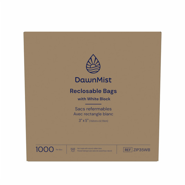 Dukal DawnMist Reclosable Bags – 3 x 5 in, Clear, White Block for Labeling, 2 MIL Thickness, 1000/BX