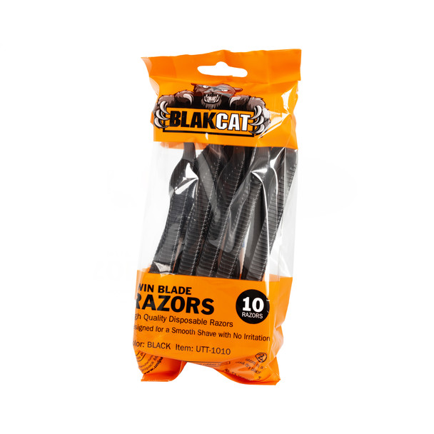 Dukal Unipack BlakCat Disposable Razors – Twin Blades, Ergonomic Handle, Black, 10/BG, 5BG/BX, 10BX/CS