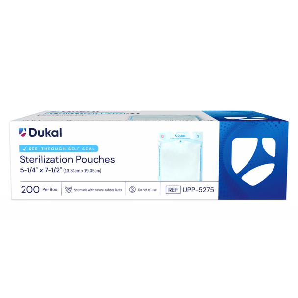 Dukal Sterilization Pouches – 5-1/4 x 7-1/2 in, Color-Changing Indicators, 200/BX, 16BX/CS