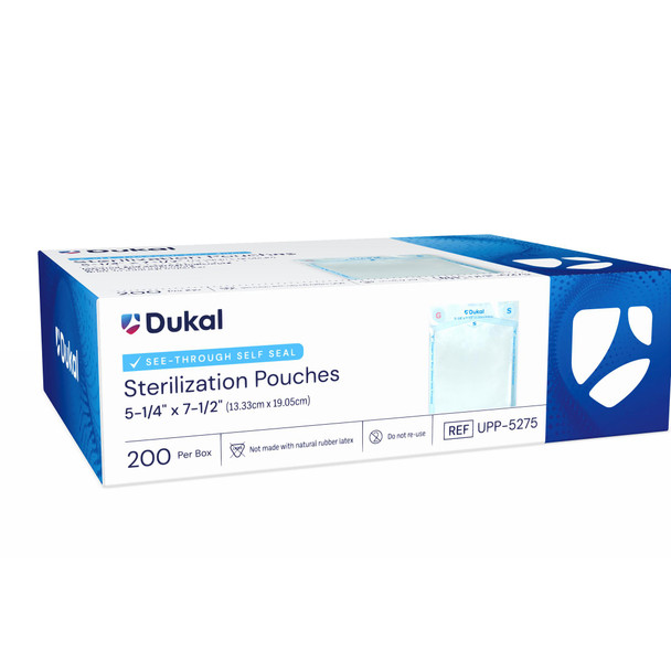 Dukal Sterilization Pouches – 5-1/4 x 7-1/2 in, Color-Changing Indicators, 200/BX, 16BX/CS